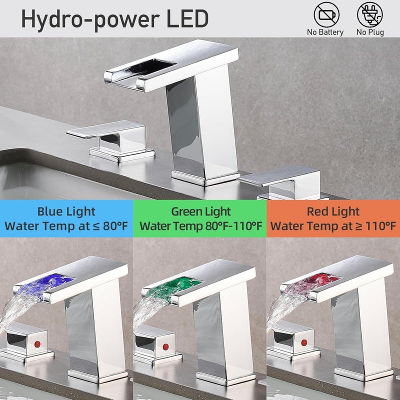 AVSIILE صنبور حمام LED 3 فتحات، صنابير حمام شلال كروم، صنبور حوض حمام حديث بقطر 8 بوصات وقطع، صنبور حوض حمام بلمسة واسعة على ثلاث فتحات بمقبضين و3 قطع - Image 2